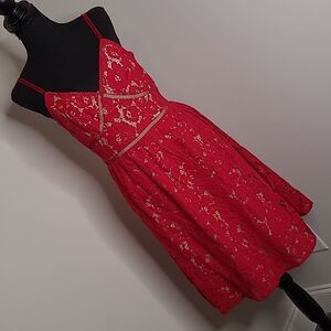 Just fabric sz S red lace midi dress  with beige liner